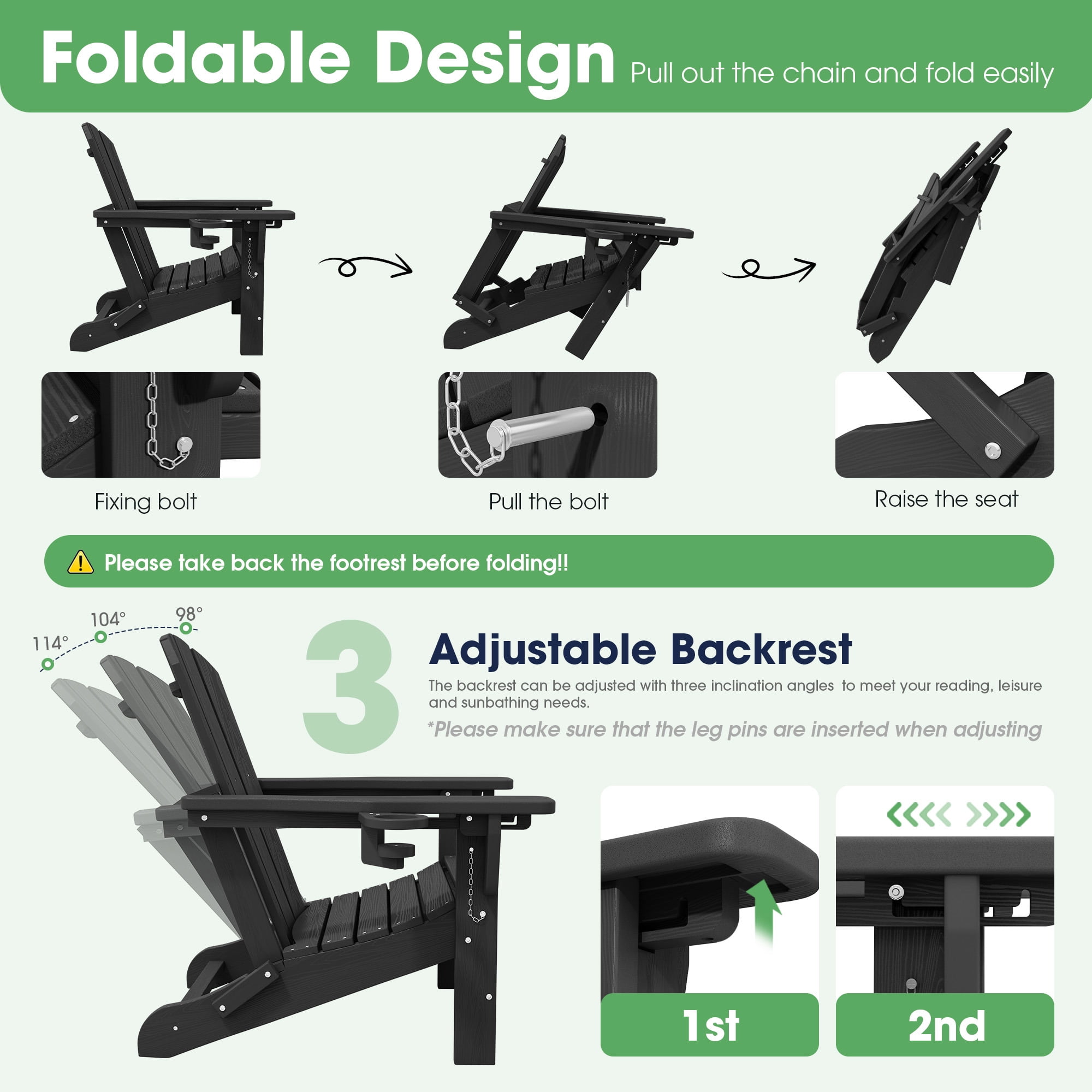 SERWALL Adjustable Folding Adirondack Chair with Footrest & Dual Cup Holders Set of 4, HDPE Foldable Multifunctional Adirondack Chair with Ottoman for Patio, Outdoor, Garden, Black