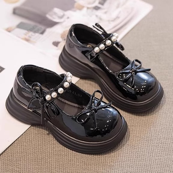 Girls Mary Jane Dress Shoes Bow Pearls Decor Round Toe Platform Shoes Kids Cute Sweet Comfy Hook and Loop Footwear Black 11 Little Kids