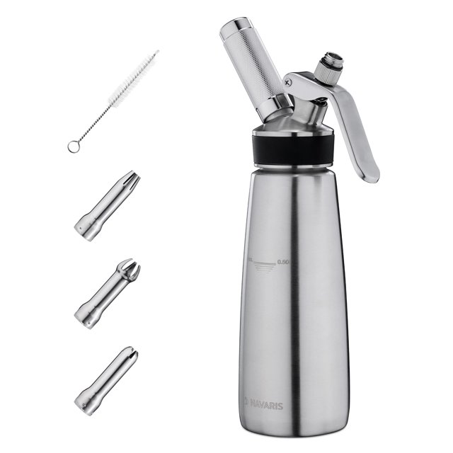 Navaris Sifón de cocina frío y caliente - Dispensador de nata de 500 ML - Set de acero inoxidable para montar crema con 3x boquilla para cargas N20 Navaris NA