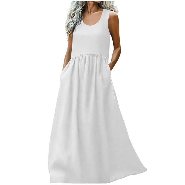 Kyusrd Robe Maxi pour Femmes Robe d'Été Débardeur Robe Sans Manches Robe Soleil Col en V Fluide Ligne A Longue avec Poche
