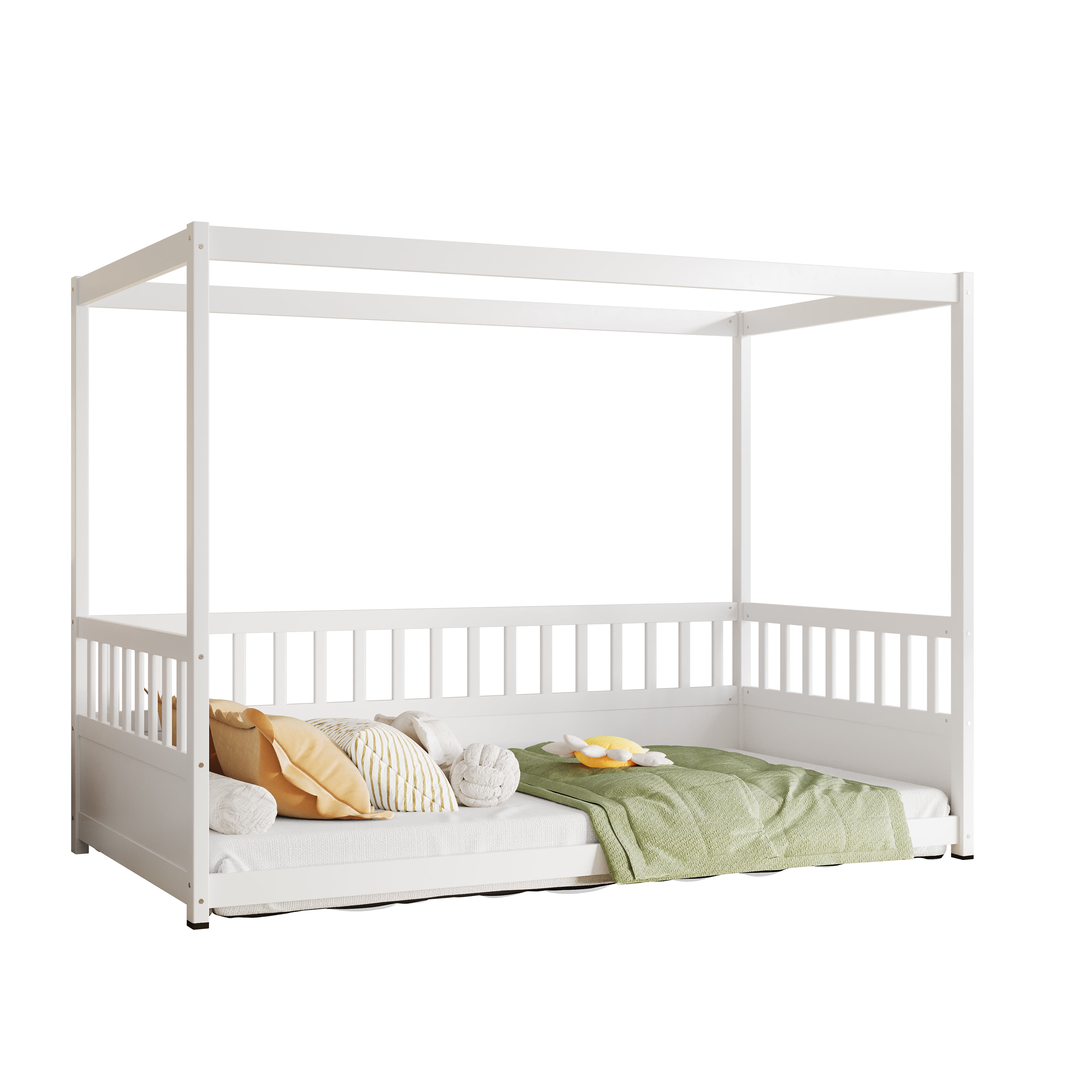 Miniyam Twin Size Canopy Bed with Guardrails for Kids and Teens, White