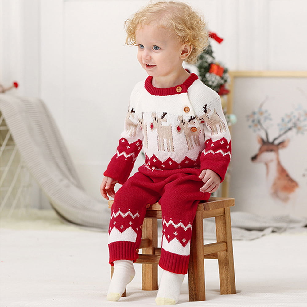 Baby Girl And Boy Christmas Jumpsuit Moose Deer Long Sleeve Cotton Romper Outfit 