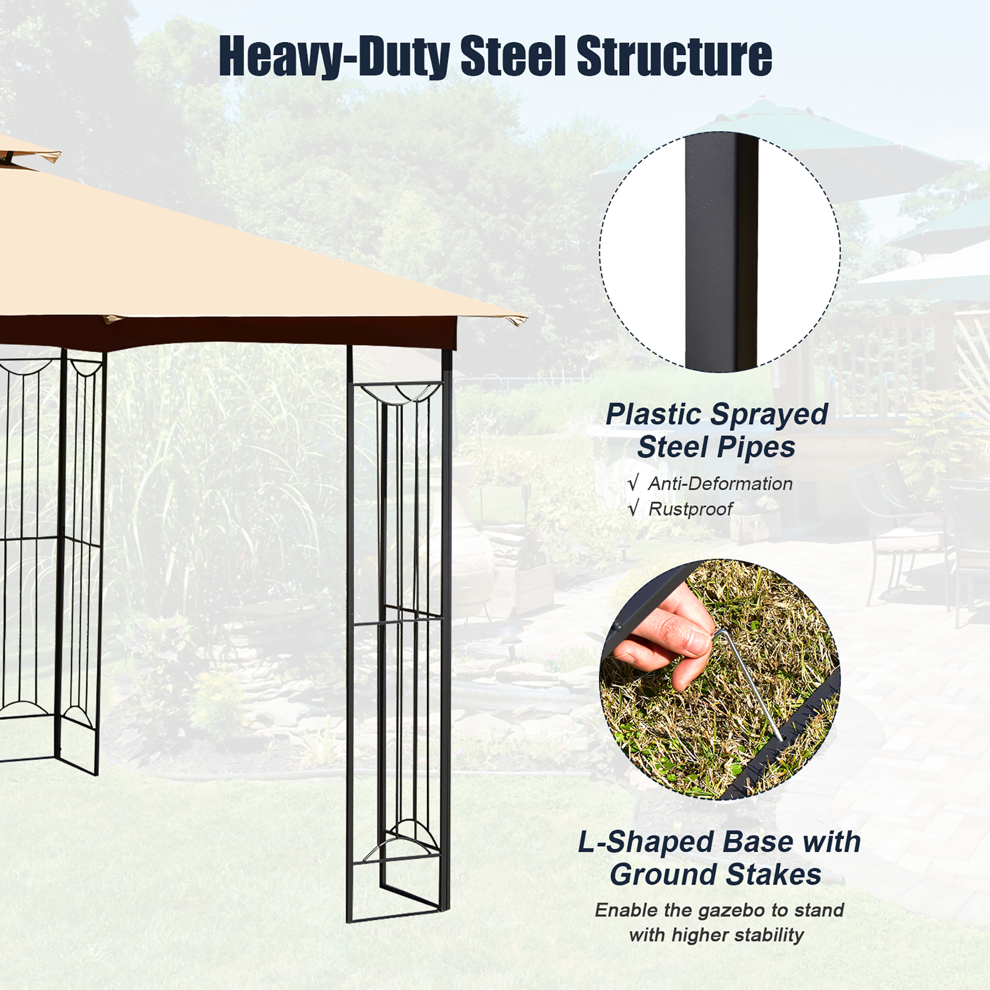 Costway 10' x 10' Patio Canopy Gazebo Outdoor 2-Tier Steel Tent Heavy-Duty L-Shaped Beige