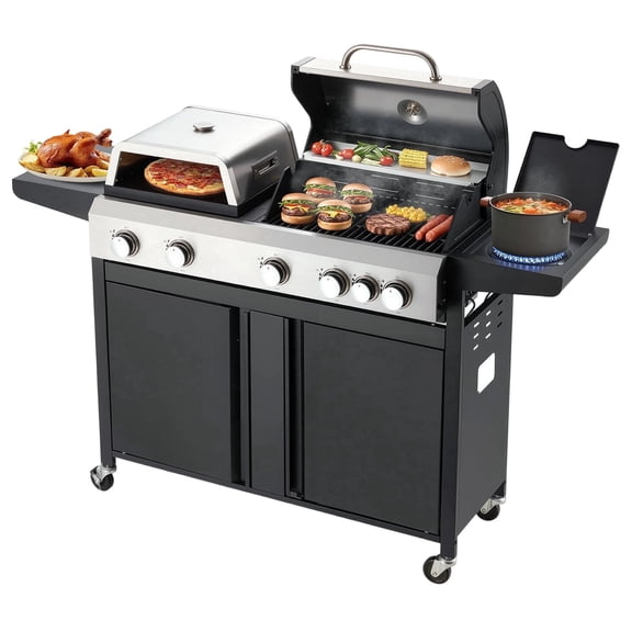 Mellcom 3 in 1 Pizza Griddle Grill Combo, 74000 Btu 5-Burner Stainless Steel Propane Gas Grill with Side Burner, Porcelain Enameled Cast Iron Grates
