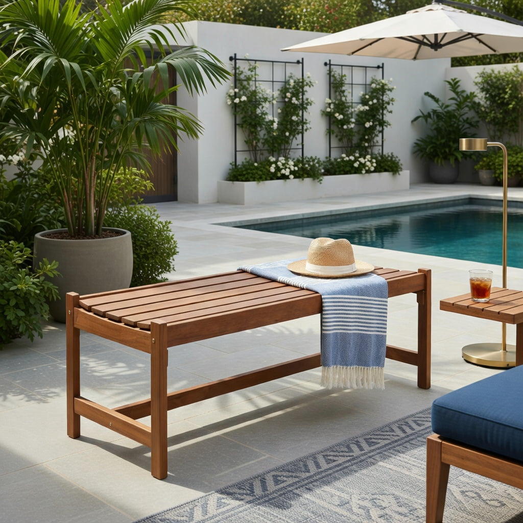 Hommoo 44" Outdoor Solid Hardwood Patio Bench, Teak Oil Finish, Ergonomic Slatted Seat, Easy Assembly, Natural