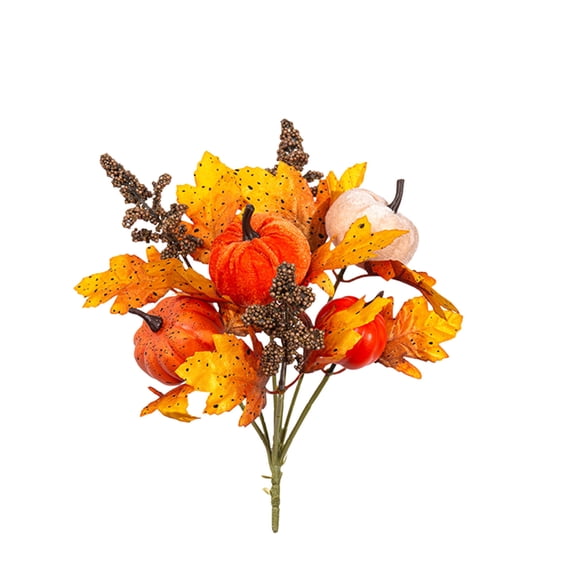 Artificial Fall Pumpkin Maple Leaf Bouquet Bendable Wire Stem Vase Filler, Harvest Thanksgiving Halloween Multicolor Indoor Tabletop Home Decor Sprig