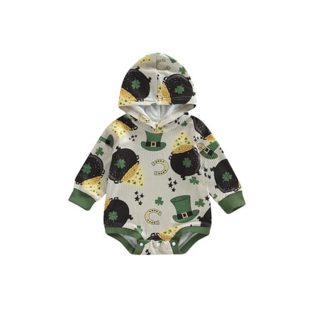 

sdghg Infant Baby Spring Romper Long Sleeve Round Neck Shamrock Print Hooded Bodysuit