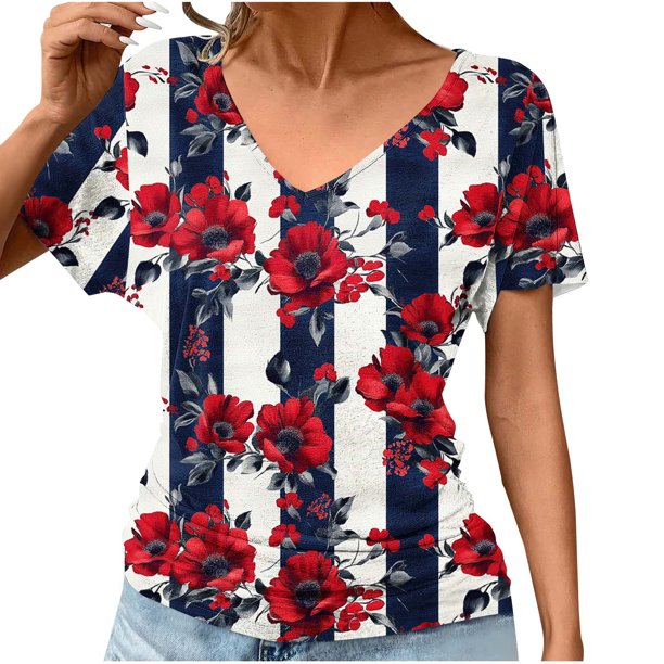 Puntoco Blusas cortas de liquidación para mujer, blusa informal de manga corta con cuello en V y estampado para mujer
