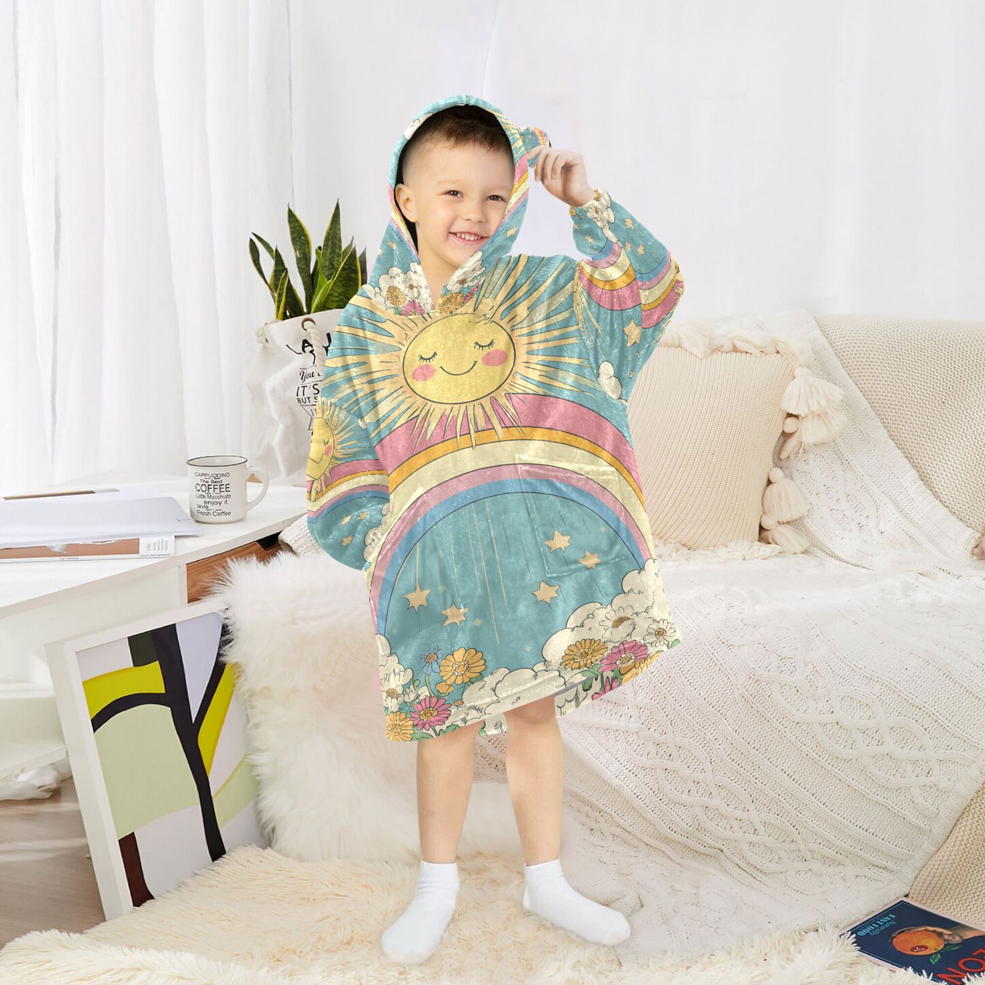 FORMRS Wearable Blanket Hoodie with Sleeves for Kids Cozy Flannel Sweatshirt, Retro Beige Rainbow