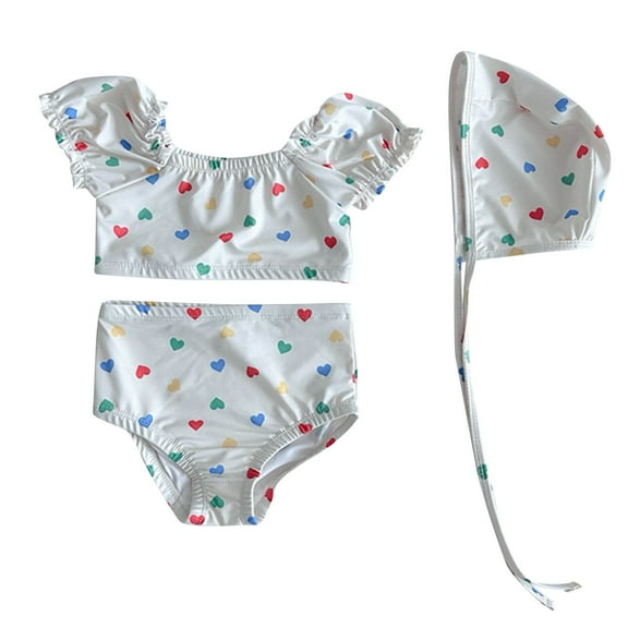 Drses Baby Girl Swimsuit 2-24 Months – UPF 50  Three-Piece Bikini Set with Puff Sleeve & Swim Hat, Striped Beach Bathing Suit for Summer