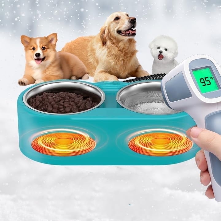 Heated Water Bowl - GooingTop 46OZ for Outdoor Heated Pet Bowl Removable Stainless Steel Double Heated Water Bowls for Heating Water and Food Waterproof Heated Dog Bowl Winter