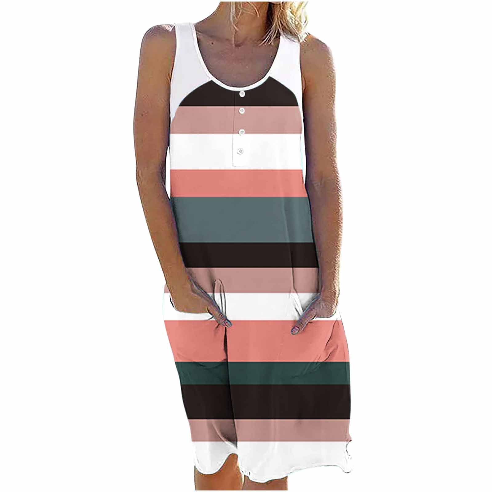 Womens Summer Sleeveless Sleeveless Scoop Neck Tank Top Striped Print Maxi Dress with Pockets 