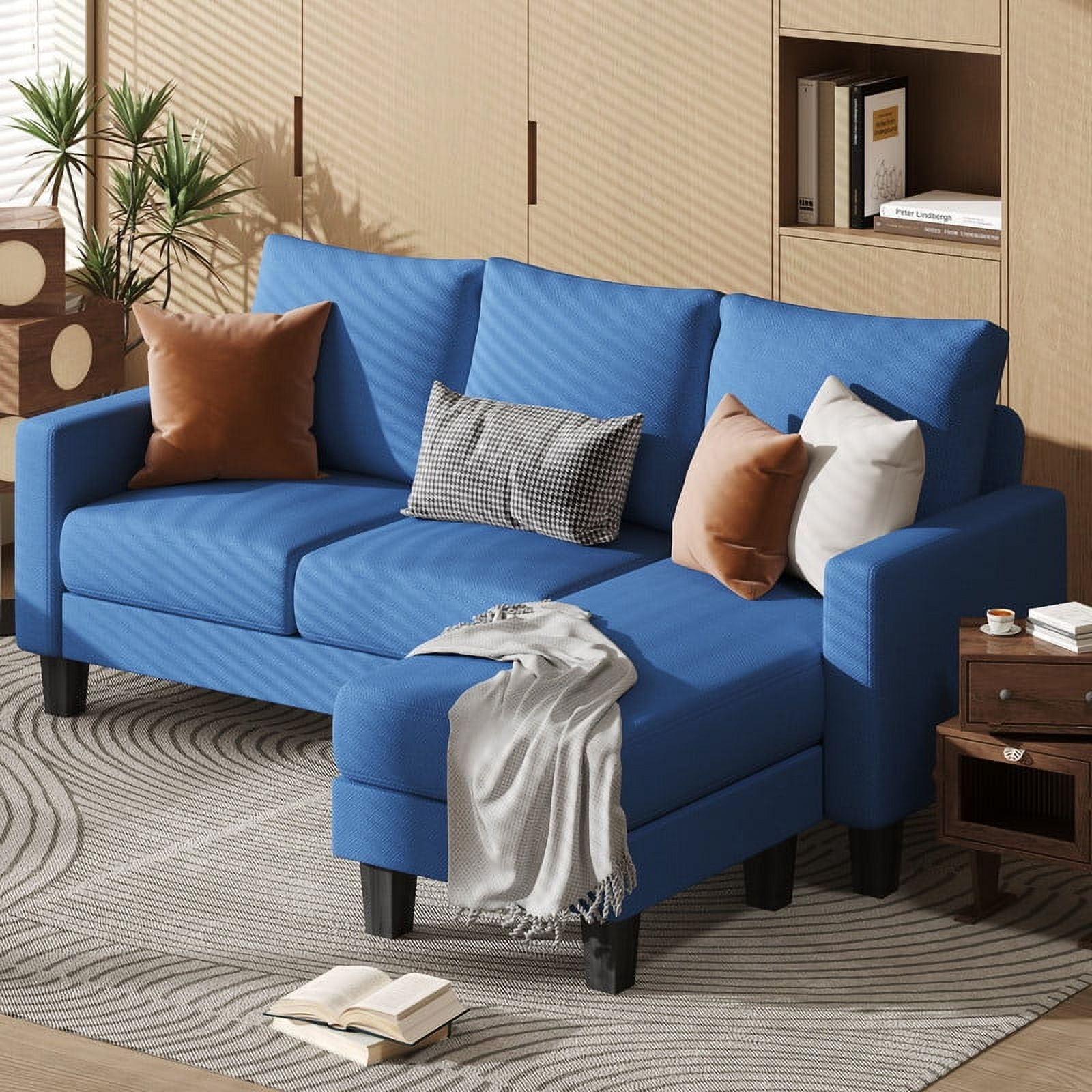 Homall Solid Print 100% Cotton L Shaped Convertible Sectional Sofa, Blue