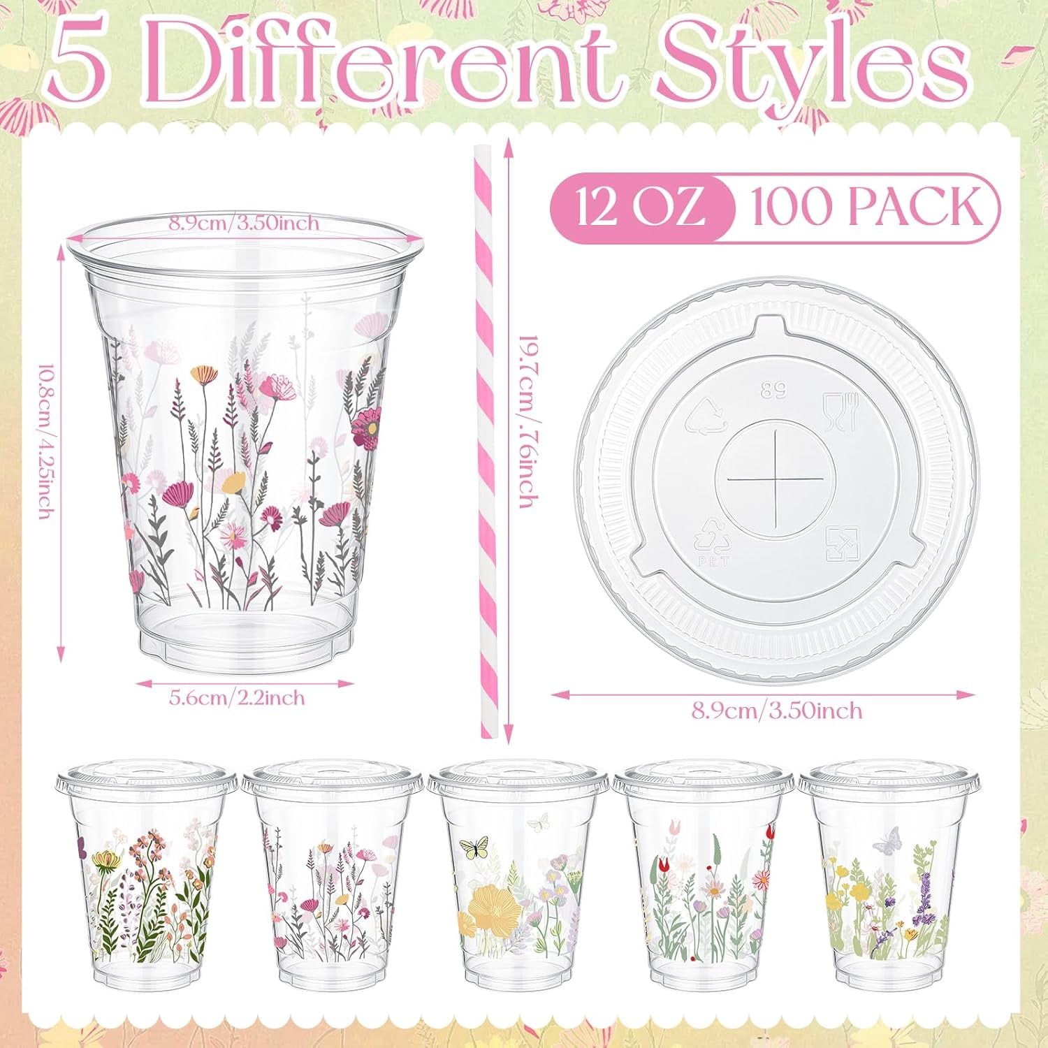 100 Pcs Wildflower Cups Plastic Disposable with Lids and Straws 12 oz Plastic Floral Butterfly Drinking Cups for Spring Summer Tea Party Wedding Baby Shower Bridal Shower Supplies