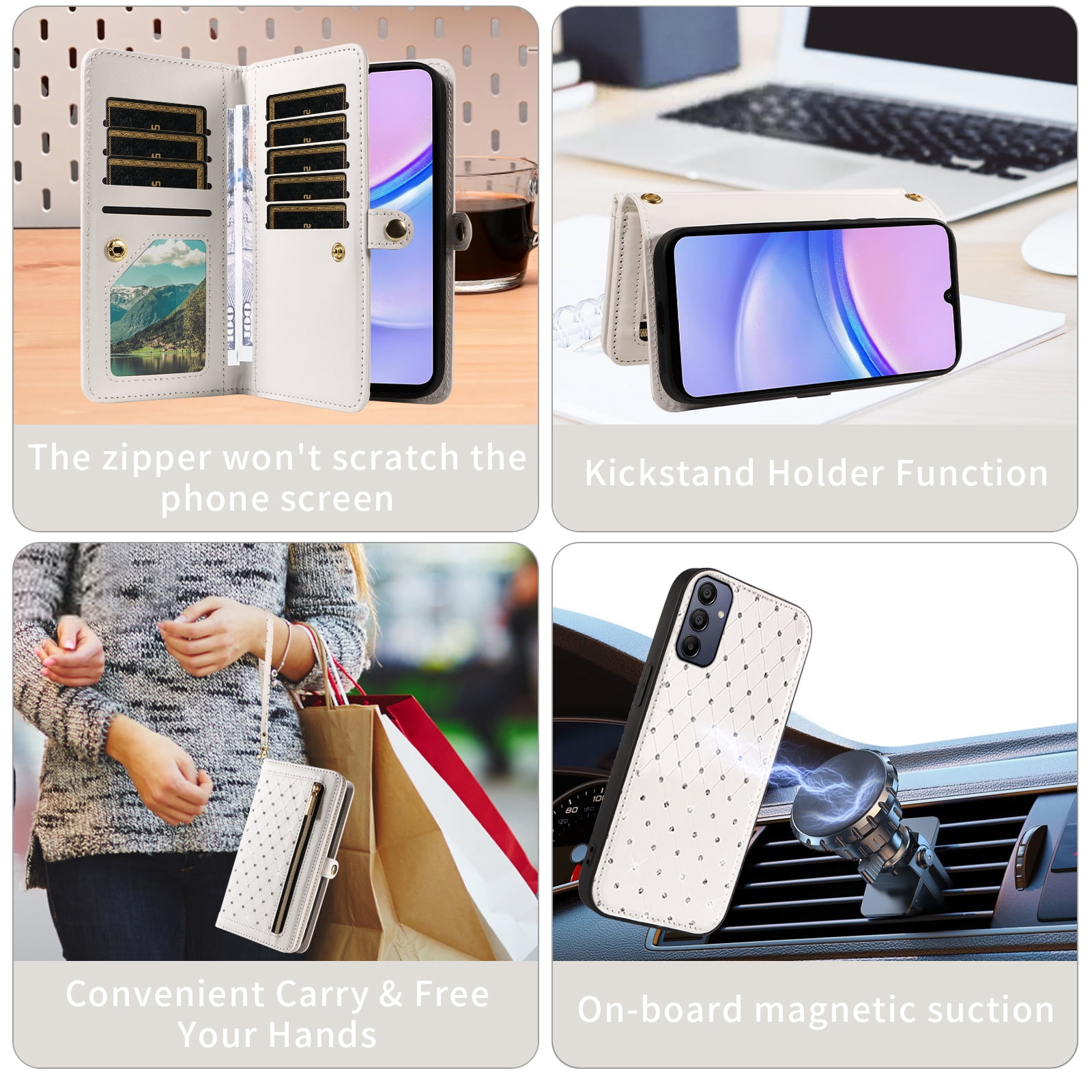 Asuwish Phone Case for Samsung Galaxy A15 5G/4G Zipper Wallet Detachable Cell Cover with Tempered Glass Screen Protector Crossbody Lanyard Strap Bling Glitter Flip Card Holder Slot A 15 G5 15A White