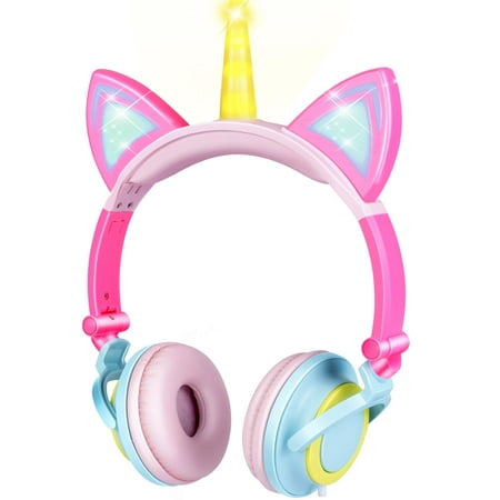 JoyX Unicorn Pink Kids Headphones for Girls Foldable Cat Ear Unicorn Headphones Flashing LED Lights for PC & Laptop Rechargeable Over-Ear Headset Adjustable Headband Kids Earphone Wired