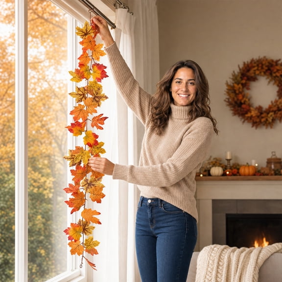 Artificial Maple Leaf Vine Garland, Fall Autumn Foliage Vine Decoration, Flexible Hanging Leaves for Fireplace Mantel Dining Table Centerpiece Thanksgiving Halloween Home Decor
