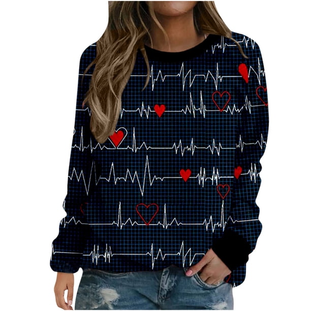 Camiseta estampada de manga larga con cuello redondo para mujer a la moda del Día de San Valentín, blusa informal, Tops Fridja hkj1142