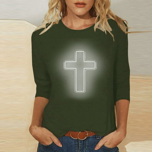 DDAPJ pyju Easter 3/4 Sleeve Shirts for Women Plus Size Tops Christian Faith T-shirt Jesus Cross Graphic Tees Loose Casual Round Neck Tee Top Army Green XXXXL