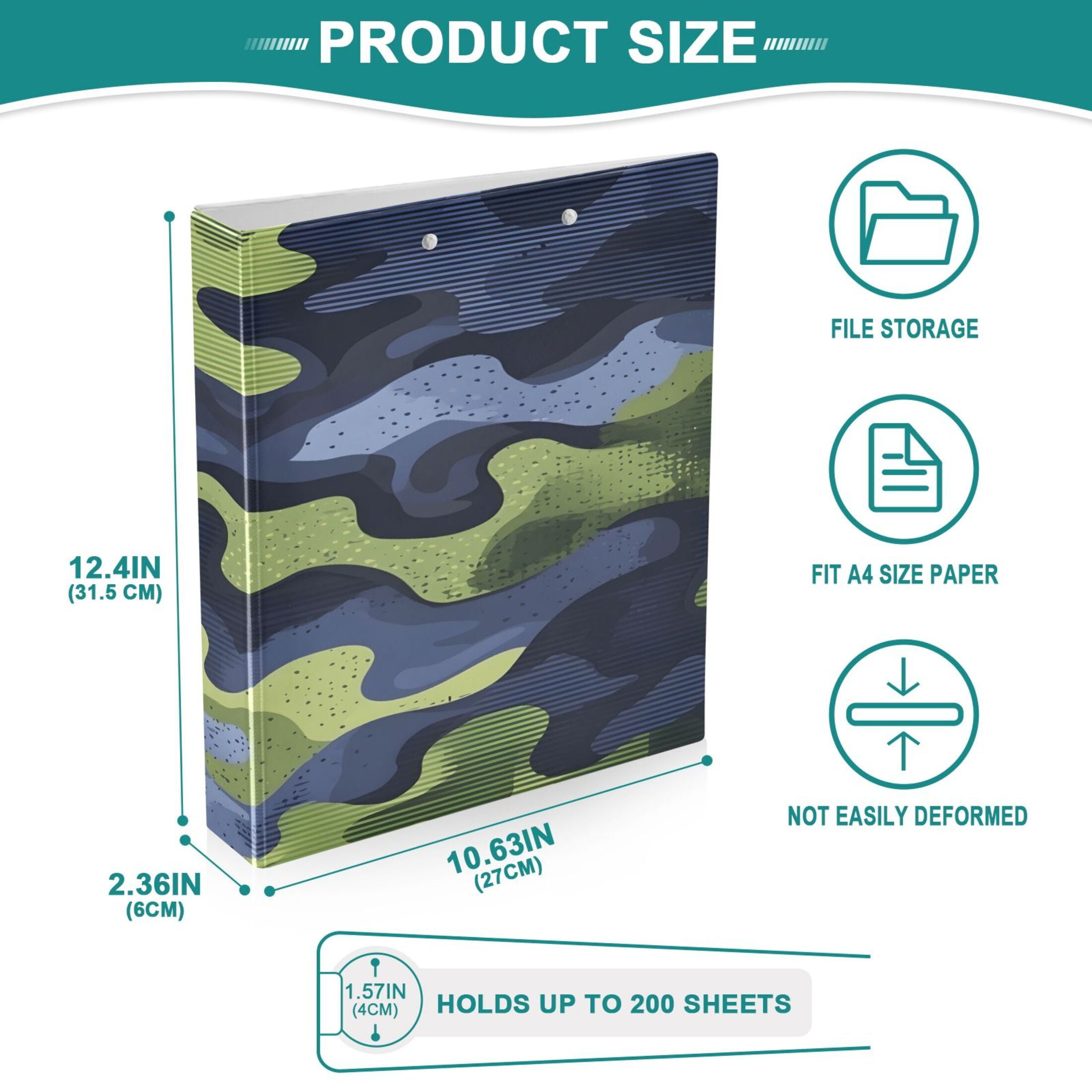 Camouflage Pattern 12.4x10.6in PVC Round Ring Binder, D-Ring 3-Hole, Metal Clip, 200 Sheets