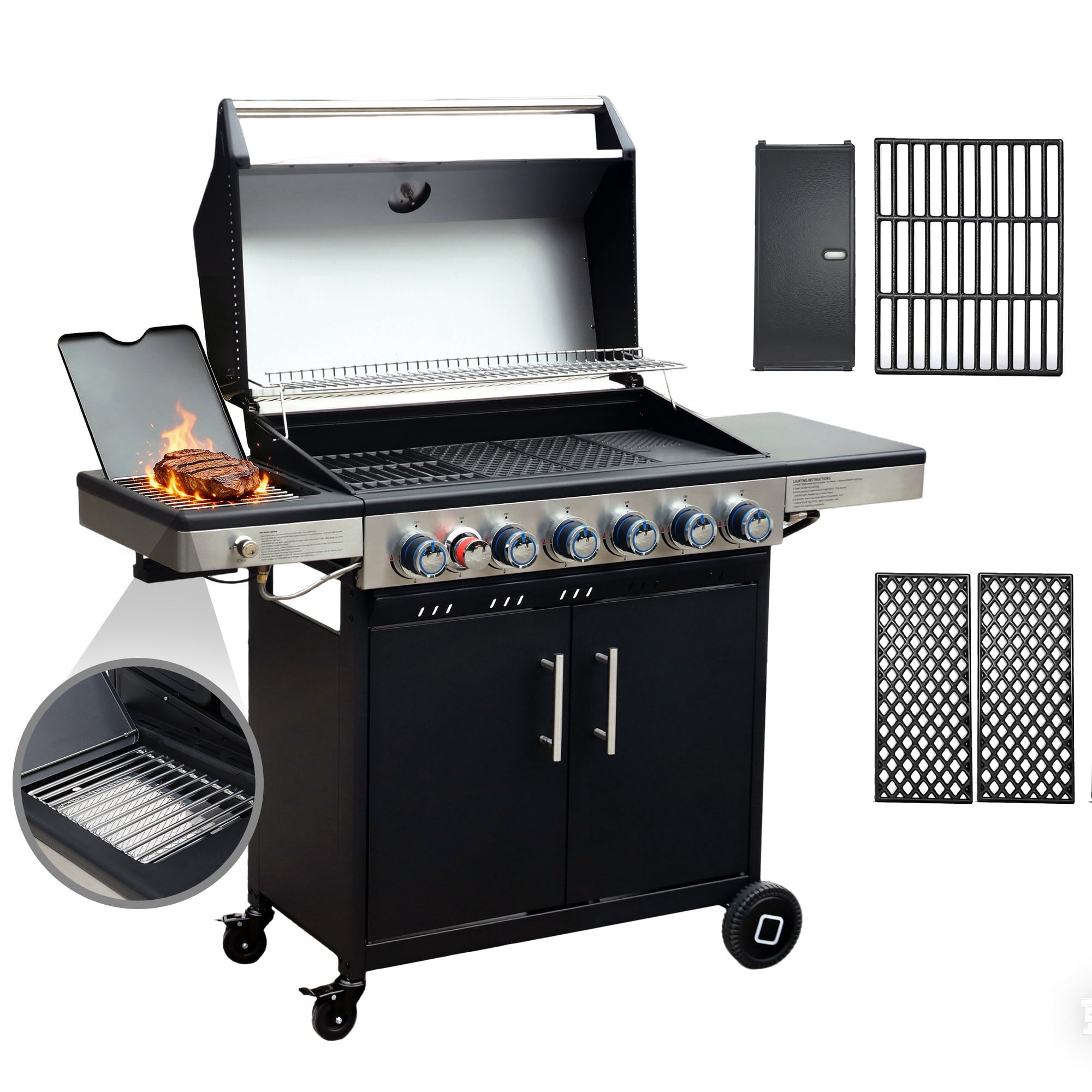 Brand-Man Grills 6-Burner Propane Gas Grill with Infrared Side Burner, Porcelain-Enameled Cast Iron Grate & Griddle, Outdoor Backyard BBQ Grill