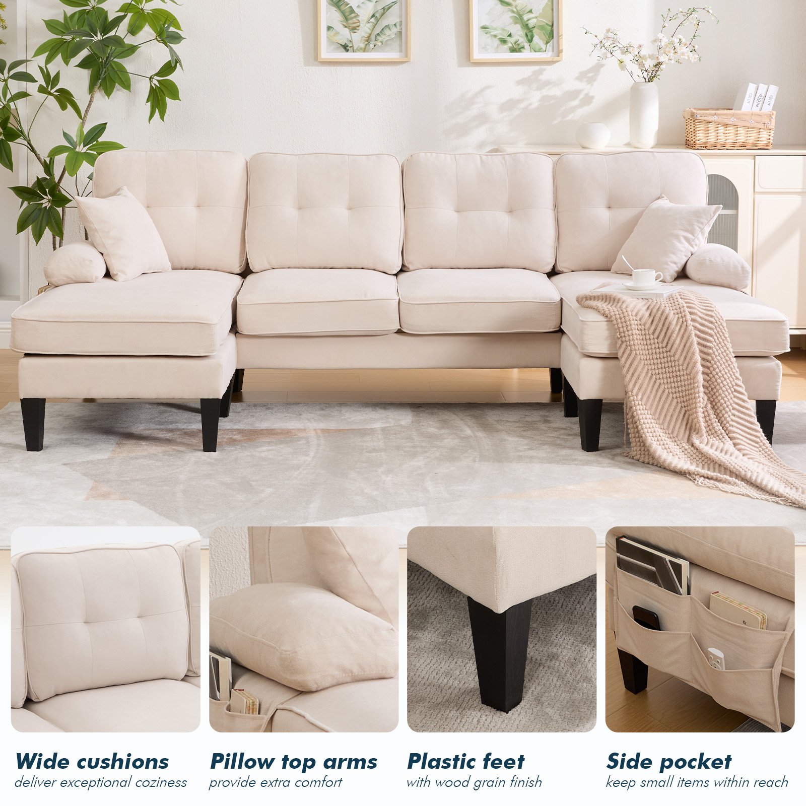 MOONMISS U-Shaped Sectional Sofa, 4 Seater Sectional Couch with Chaise, Modular Sleeper Sectionals for Living Room-Beige
