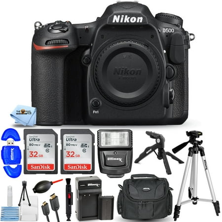 Nikon D500 20.9MP DSLR Camera (Body Only) 1559 Bundle with Extra Battery and Charger, Sandisk Ultra 32GB (64GB) SD, Flash, Tripod, Gadget Bag and More