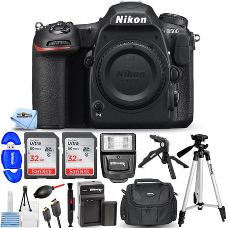Nikon D500 20.9MP DSLR Camera (Body Only) 1559 Bundle with Extra Battery and Charger  Sandisk Ultra 32GB (64GB) SD  Flash  Tripod  Gadget Bag and More