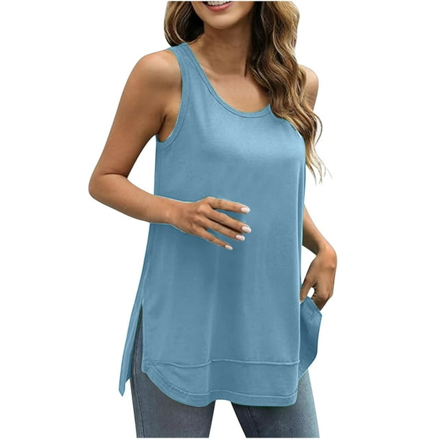 Timegard Womens Tank Tops Scoop Neck Side Split Sleeveless Summer Casual Loose Workout Top Basic Tee