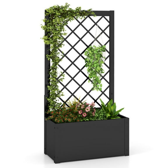 Resenkos Raised Planter Boxes, Large Space Elevated Flower Beds,44 Inch Metal Raised Garden Bed with Trellis-Black