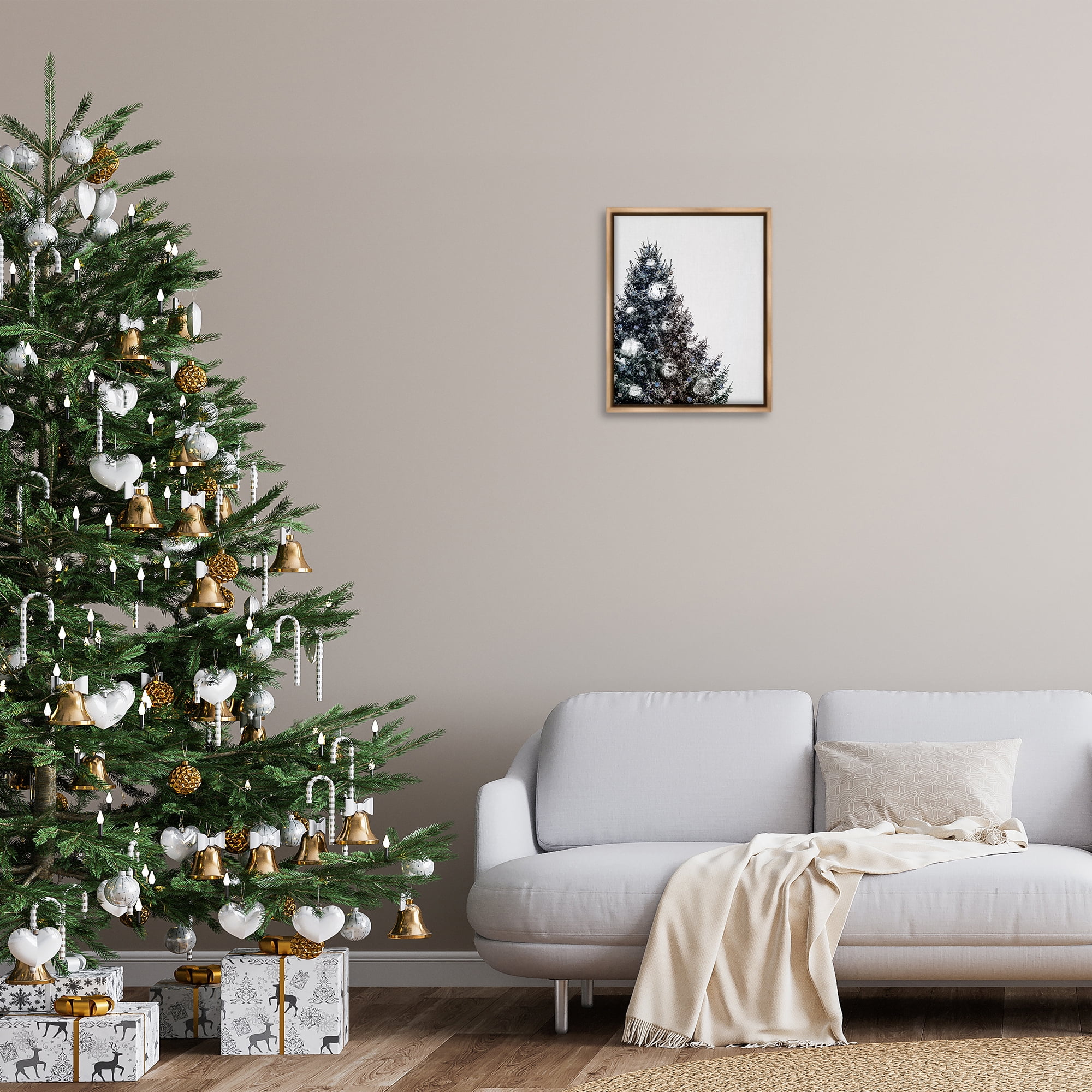 Stupell Industries Disco Ornaments on Tree Holiday Painting Brown Floater Framed Art Print Wall Art, 17 x 21