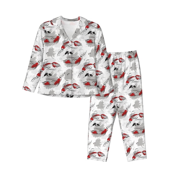 Fotbe Koi Fish Conjunto de Pijama de Manga Larga para Mujer con Estampado, Ropa de Dormir de 2 Piezas, Conjunto de Casa Suave y Cómodo con Bolsillos-Large