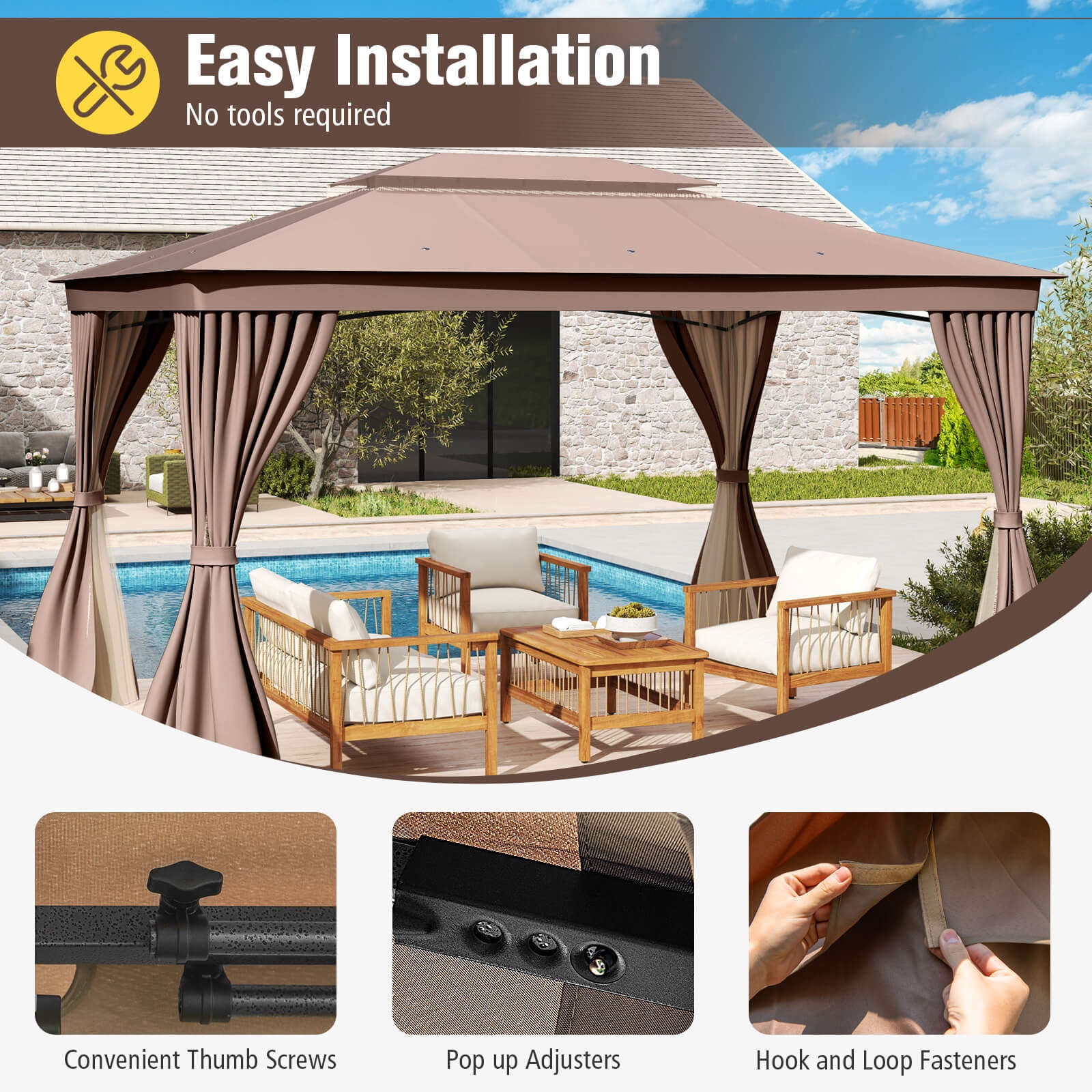 Costway 10 X 13 FT Patio Gazebo, Outdoor Double-Roof Canopy Tent with Mesh Netting Coffee