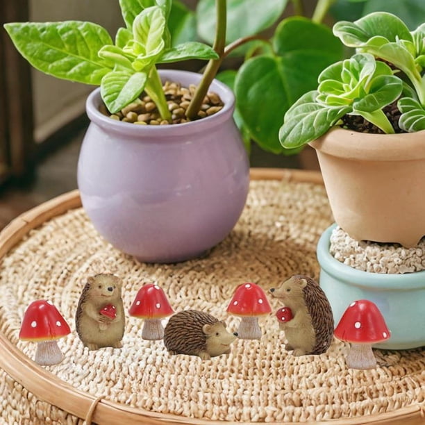 7x figuras en miniatura Hedgehog y estatuas de hongos Decoración en maceta Accesorios de jardín para jardín para jardín Terrario Dollhous