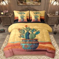 Homewish Tropical Desert Cactus 7-Piece Twin Bedding Sets,Boho Bohemian Style Bedding Comforter Set,Green Orange Sheet Sets For Boys Girls,Ultra Soft Home Decor Reversible