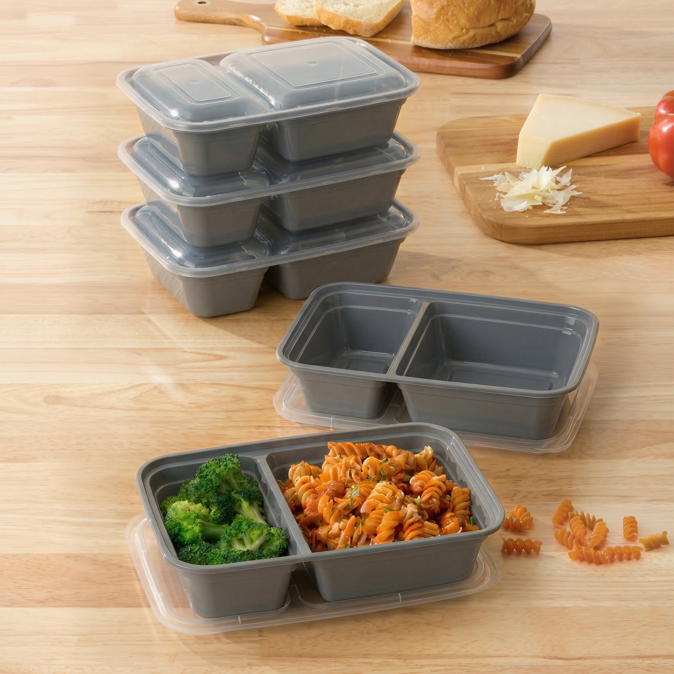 Mainstays 5-Pack 2-Compartment BPA-Free Plastic Meal Prep Food Storage Containers, 0.9L, Soothing Grey