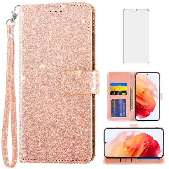 Asuwish Compatible with Samsung Galaxy S21 5G 6.2 inch Wallet Phone Case and Tempered Glass Screen Protector Flip Credit Card Holder Stand Bling Glitter Cell Cover for S 21 21S G5 Women Men Pink
