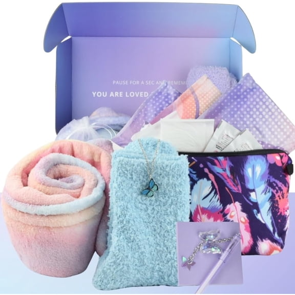 First Menstruation Gift Teen First Period Gift with Hair Towel, Feather Cosmetic Pouch, Sleeping Mask, Cosy socks, Pads and Liners for Teens Starting Puberty