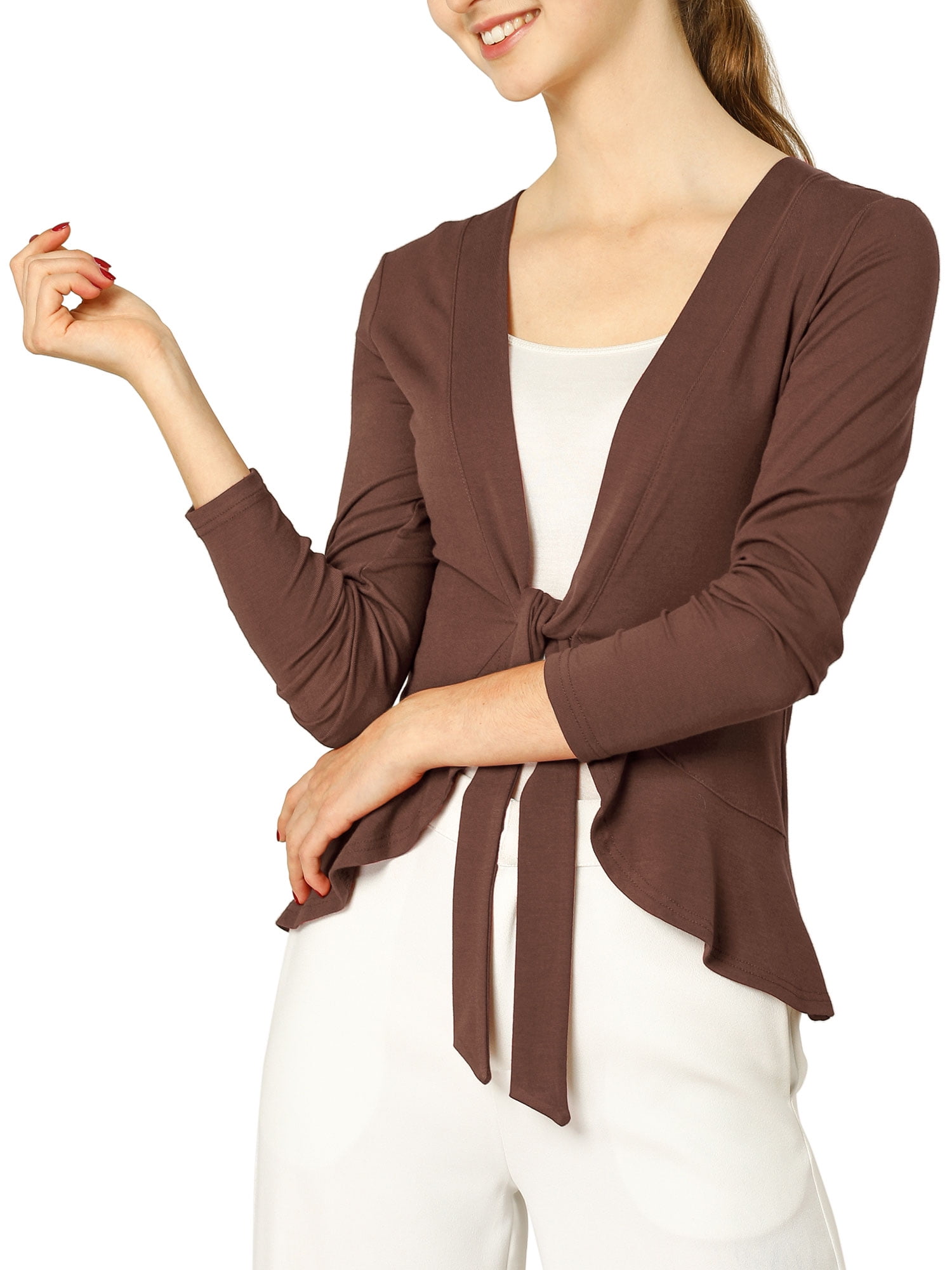 Unique Bargains Women's Long Sleeve Tie Front Ruffled Hem Crop Knit