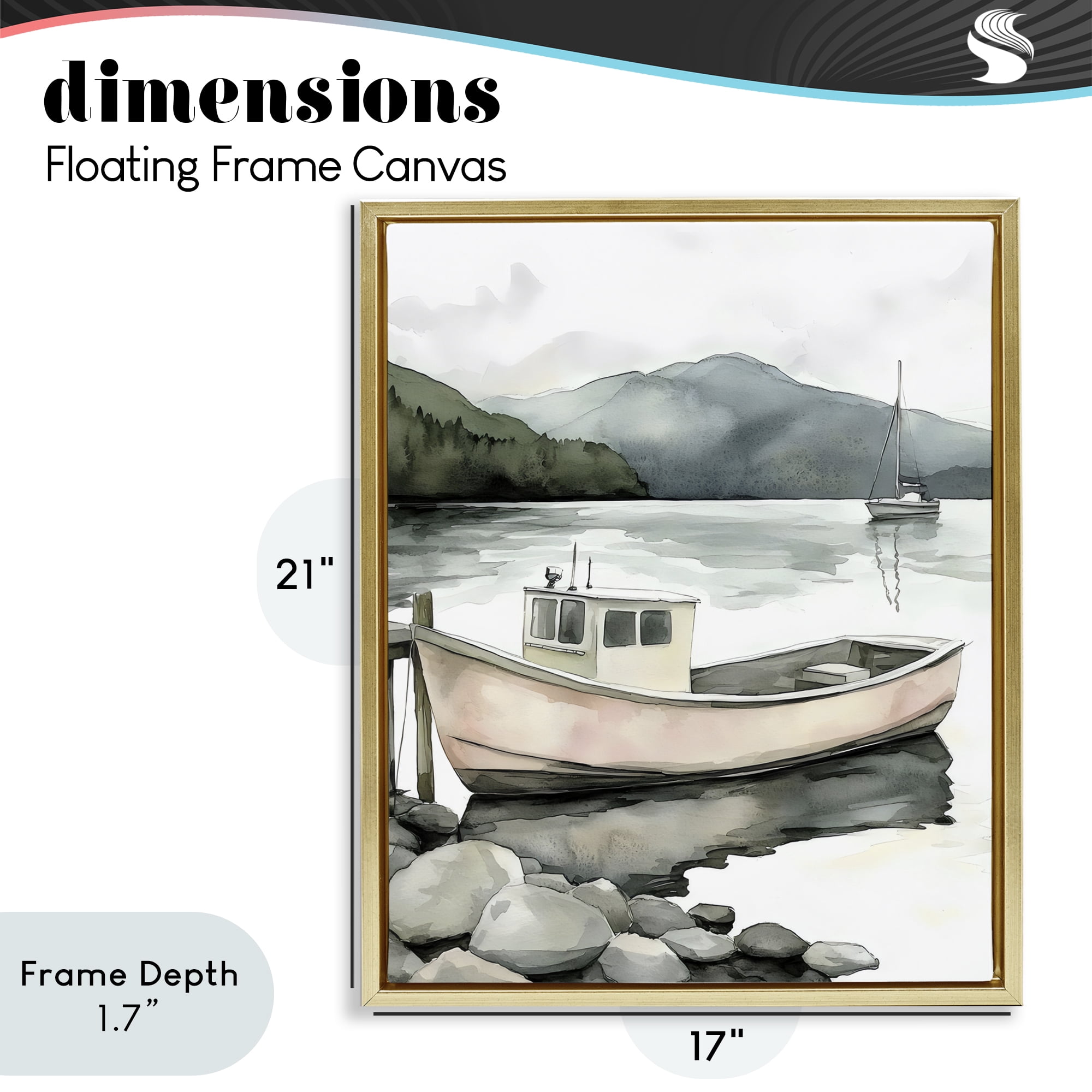 Stupell Industries Coastal Calm Docked Boat Gold Framed Floater Canvas Wall Art, design by Riley B
