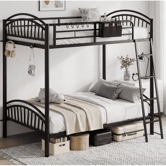 Easoger Twin Over Twin Metal Bunk Bed with Storage Bag, Safety Guard Rails & Anti-tip Nails No Box Spring , Black