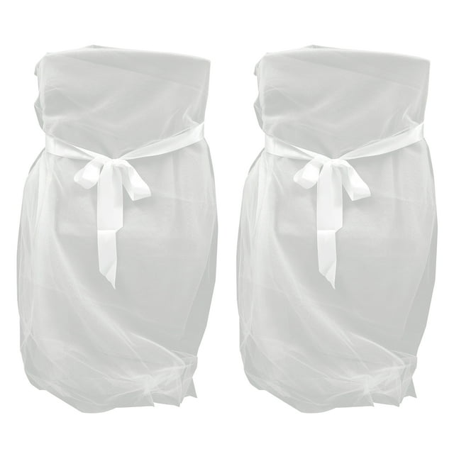 2 Pcs Tulle Chair Cover Long Bow Ties Mesh Fluffy Tutu Chair Skirt Slipcovers for Bridal Shower Wedding Baby Shower Decor (White)