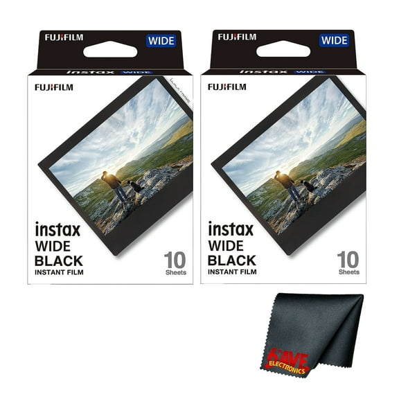 Fujifilm Instax Wide Black Instant Film (20 Exposures) Bundle with Diginerds Microfiber Cleaning Cloth