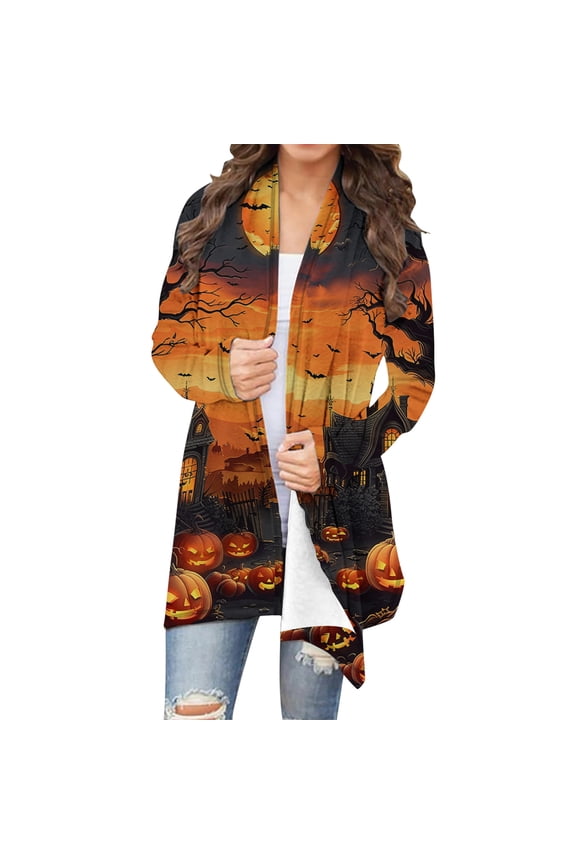 Halloween Cardigan Womens Lightweight Open Front Cardigans Plus Size Casual Long Sleeve Kimonos Milk Silk Soft Shawl Jacket Multicolor L
