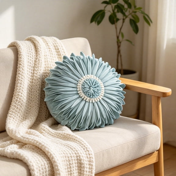 Textured Floral Throw Pillow, Light Teal Handmade Petal Cushion, Coastal Farmhouse Decor, Soft Polyester Sofa Bed Accent Pillow
