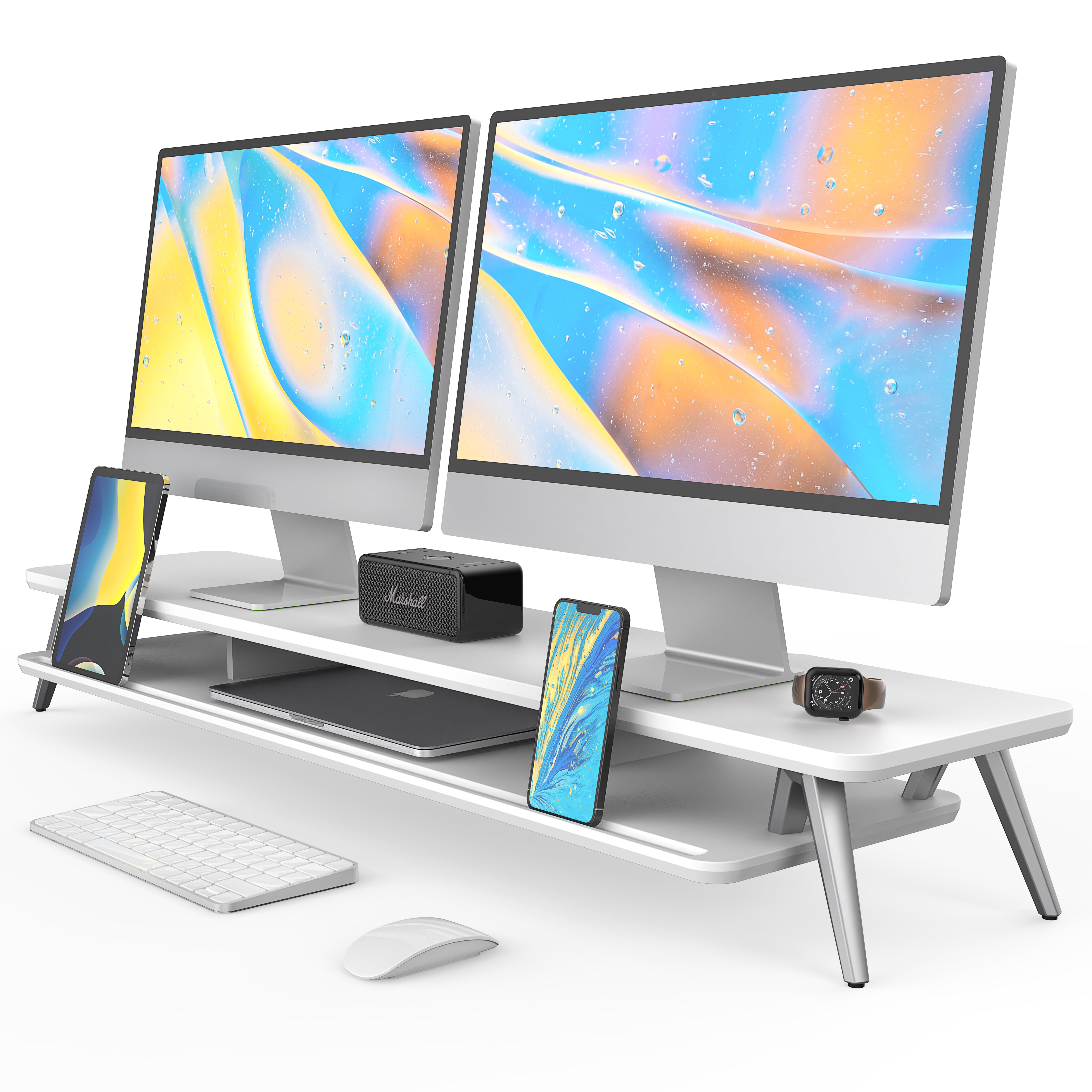 Dual Monitor Stand, 42.5 Inch Wood Desk Shelf with Storage Organizer and Cable Management for Office Desk Accessories