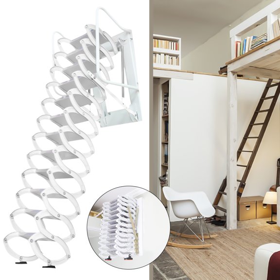 Dwellnix White Wall Mounted Folding Loft Ladder Stairs Attic Ladder Loft Stairs 882 lbs