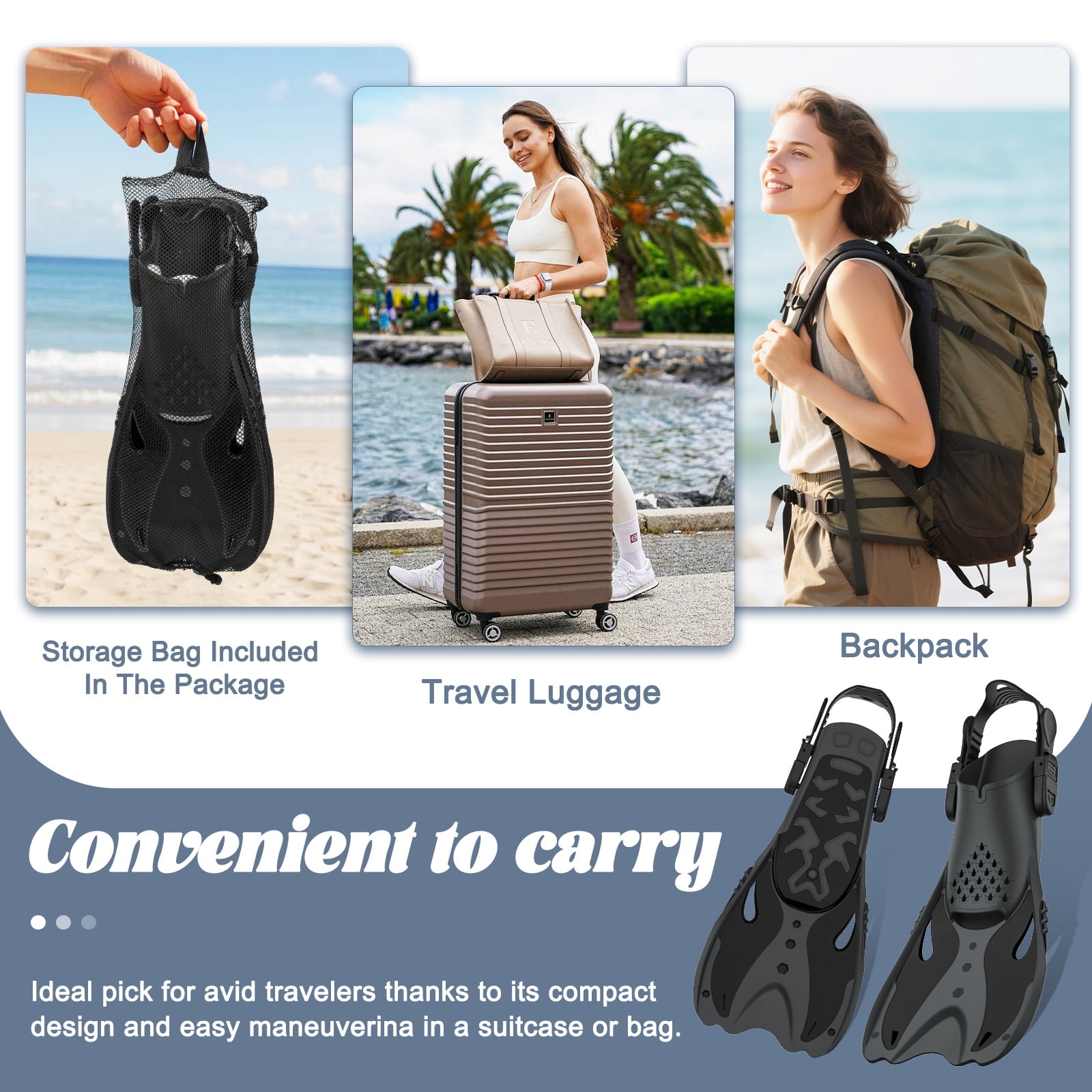 MATEPROX Adult Swim Fins Adjustable Short Blade Dving Flippers Travel Size for Snorkeling-L/XL, Black
