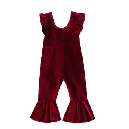 

Diufon Baby Girls Velvet Romper Toddler Kids Ruffle Hem Sleeveless Overalls Fall Winter Flared Suspender Jumpsuit