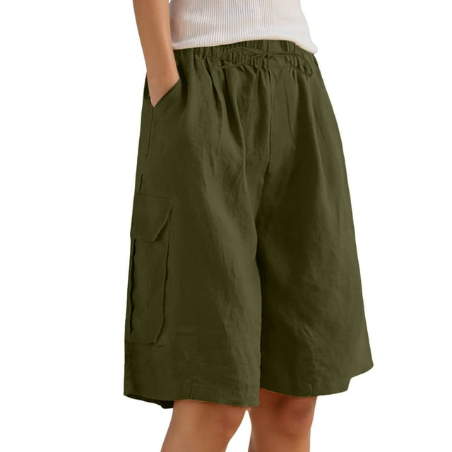 Womens Summer Linen Wide Leg Knee Length Casual Shorts